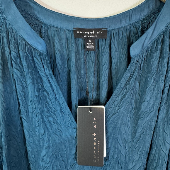 CURRENT AIR Anthropologie Long Sleeve Silky Crinkle Smocked Waist Dress Teal S - Picture 6 of 7